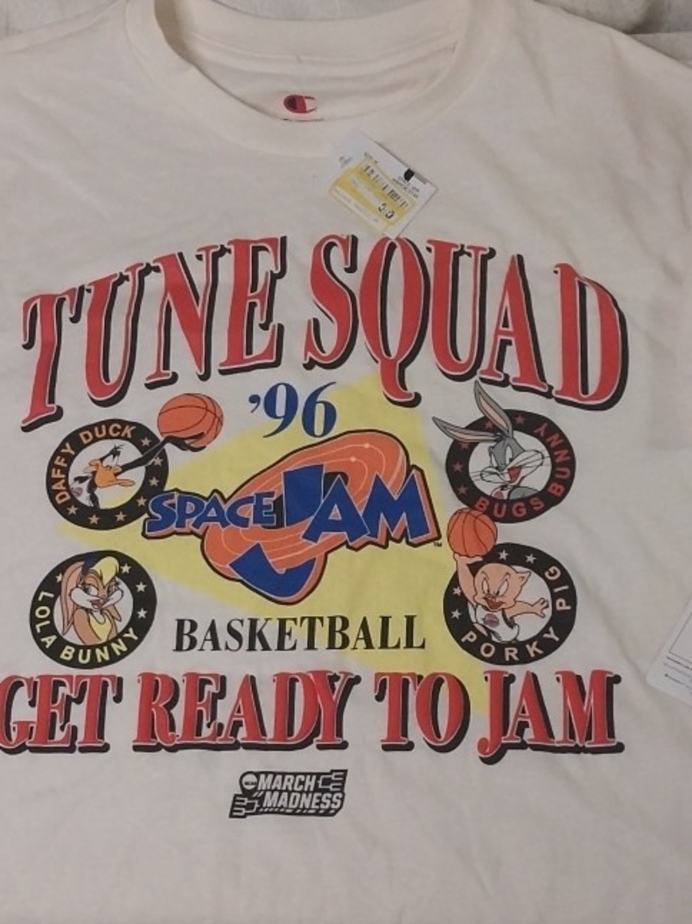 Champion White Tune Squad Space Jam '96 Graphic Tee with Red Lettering
